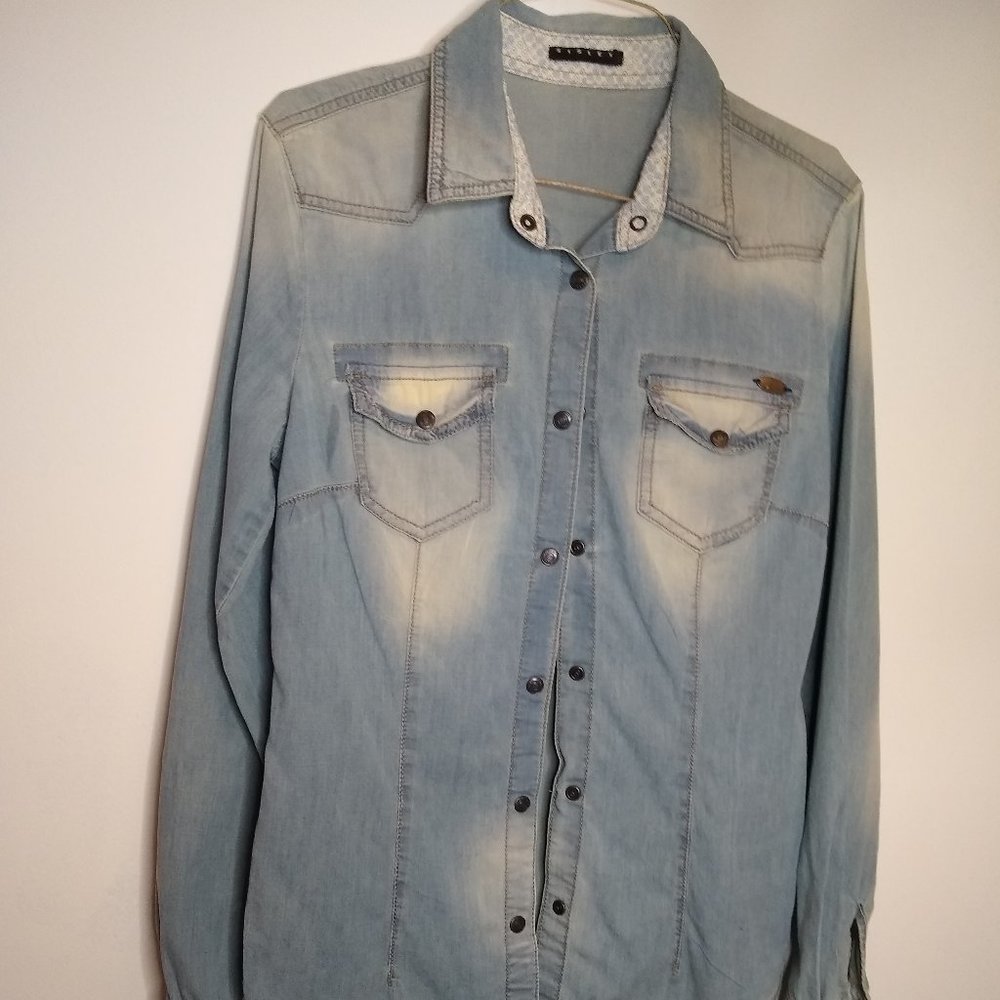 Sisley Long Sleeve Distressed Denim Shirt